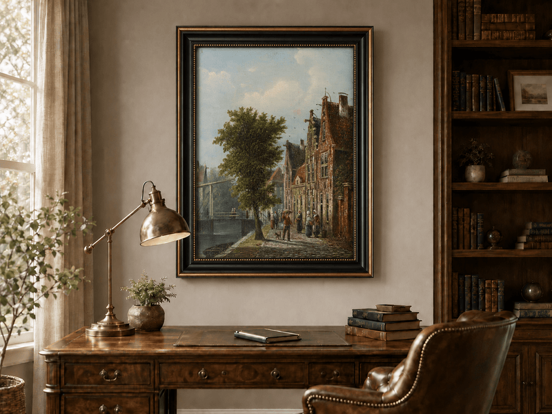 Landscape Oil Painting - Dutch Canal Street with Brick Houses