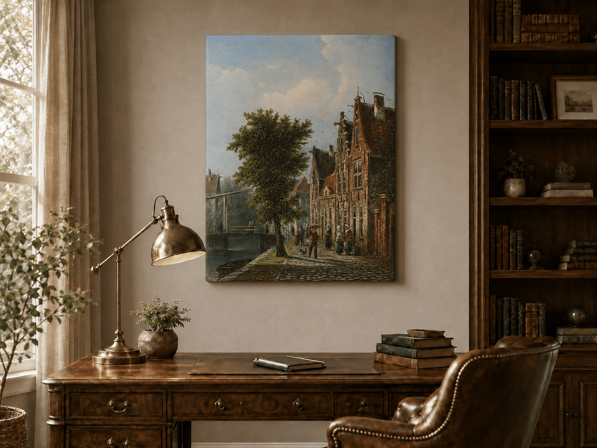 Landscape Oil Painting - Dutch Canal Street with Brick Houses