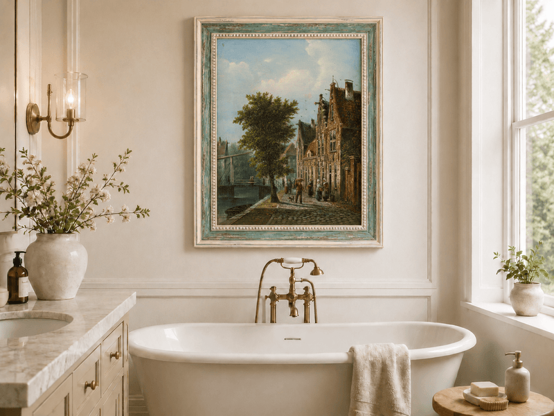 Landscape Oil Painting - Dutch Canal Street with Brick Houses