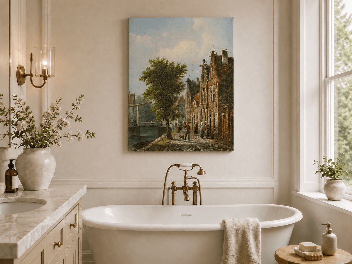 Landscape Oil Painting - Dutch Canal Street with Brick Houses