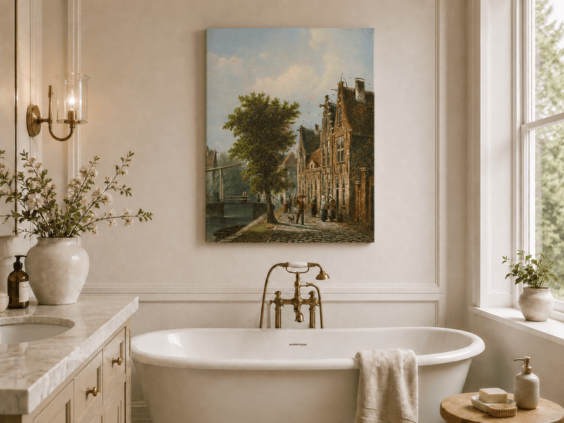 Landscape Oil Painting - Dutch Canal Street with Brick Houses