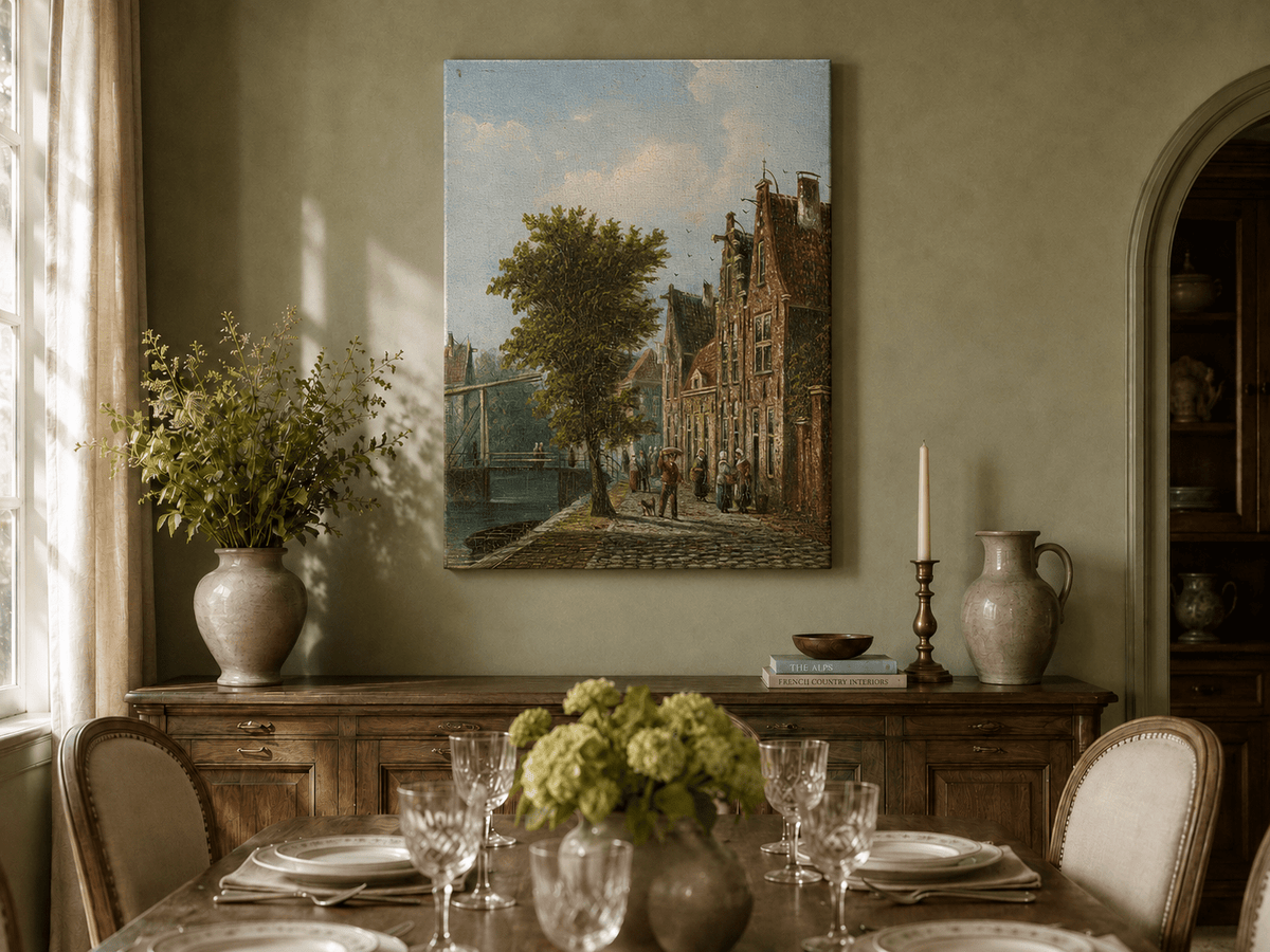 Landscape Oil Painting - Dutch Canal Street with Brick Houses