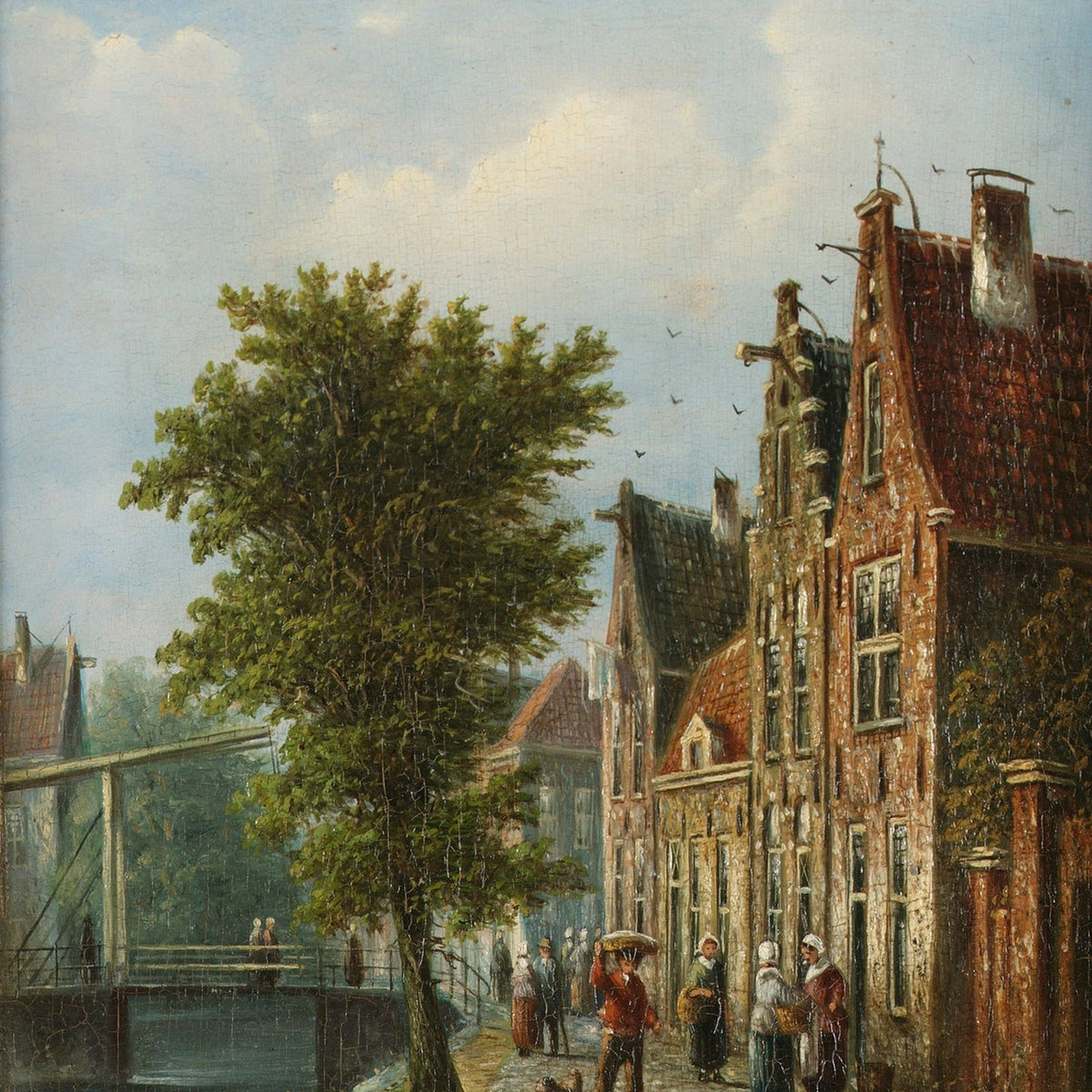 Hand-painted dutch canal street with brick houses landscape oil painting on canvas
