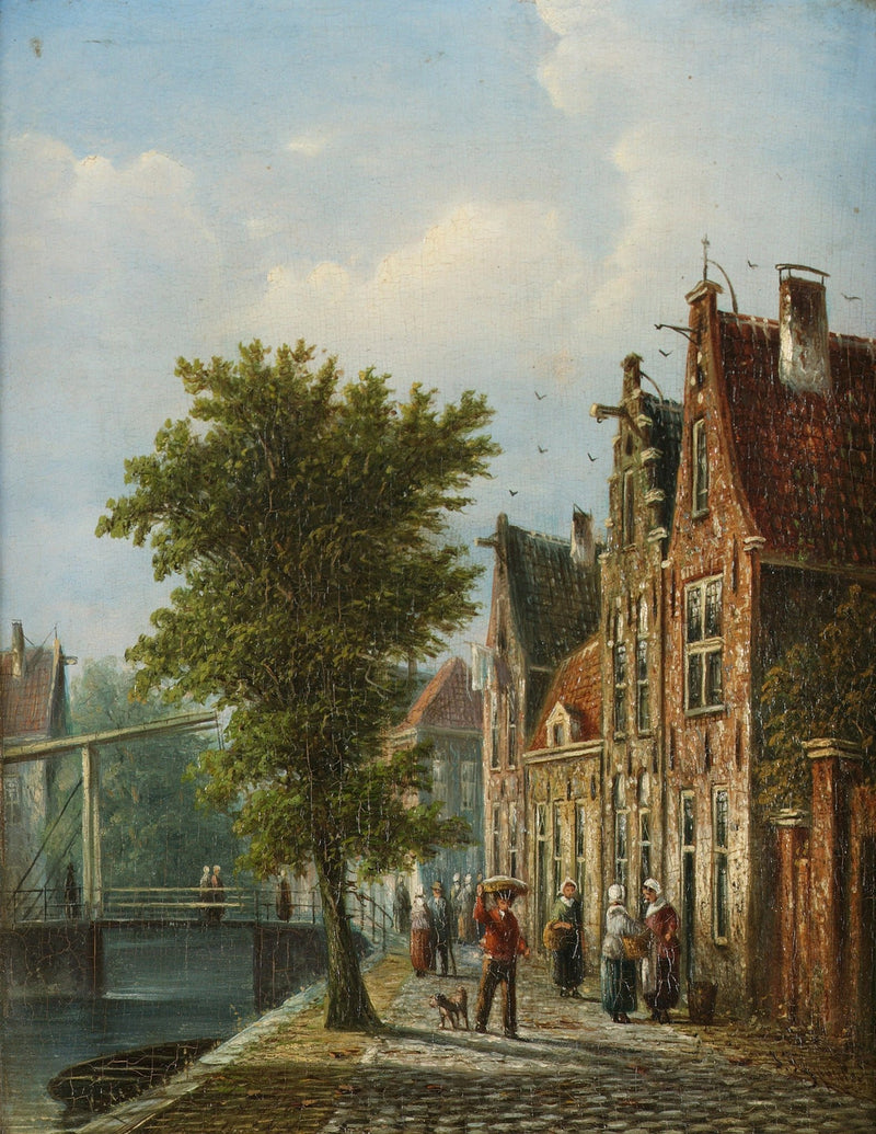 Hand-painted dutch canal street with brick houses landscape oil painting on canvas