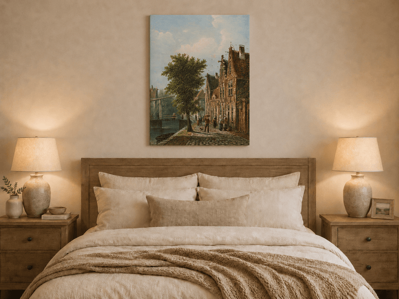 Landscape Oil Painting - Dutch Canal Street with Brick Houses