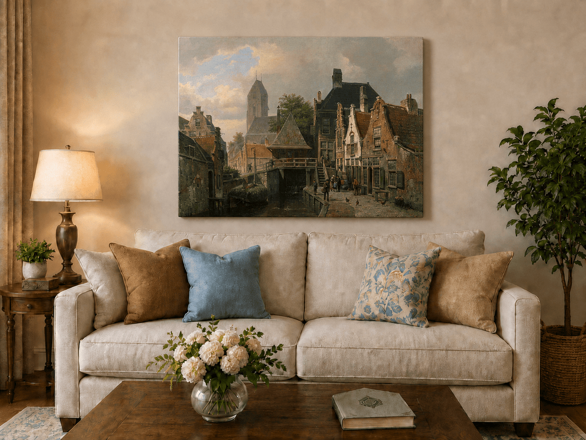 Pintura al óleo de paisaje - Pueblo holandés junto al canal con edificios históricos