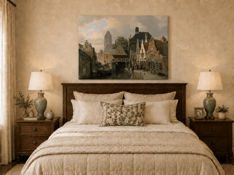Pintura al óleo de paisaje - Pueblo holandés junto al canal con edificios históricos
