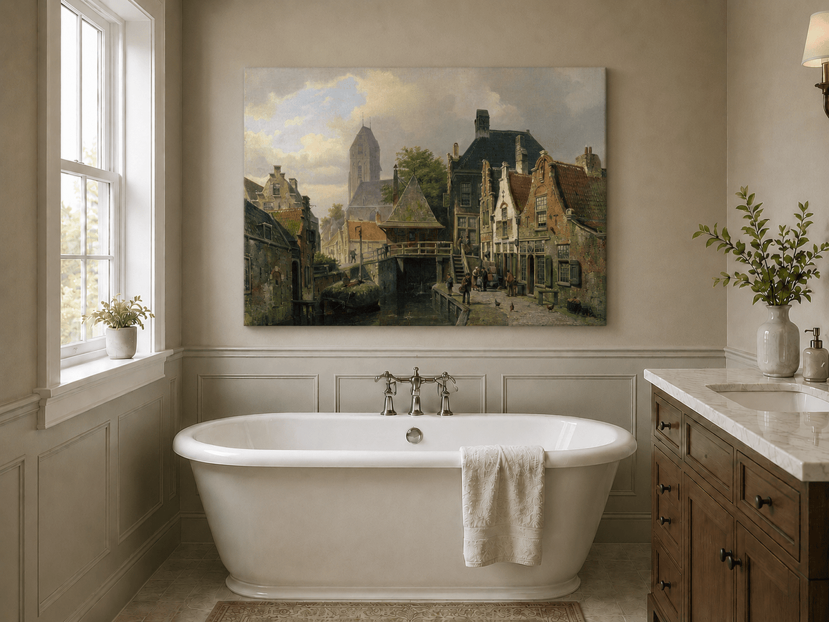 Pintura al óleo de paisaje - Pueblo holandés junto al canal con edificios históricos
