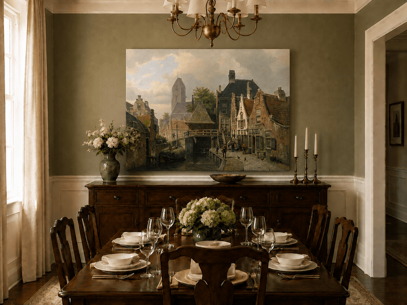 Pintura al óleo de paisaje - Pueblo holandés junto al canal con edificios históricos