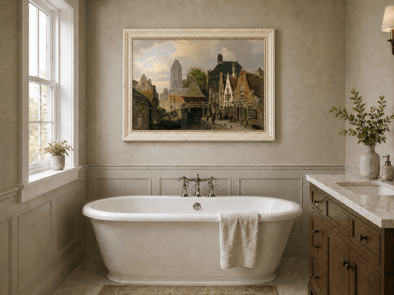 Pintura al óleo de paisaje - Pueblo holandés junto al canal con edificios históricos