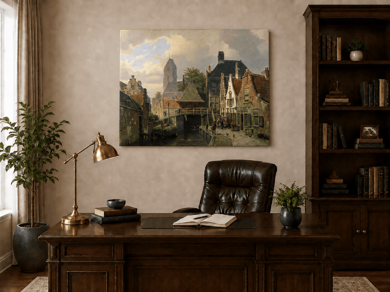 Pintura al óleo de paisaje - Pueblo holandés junto al canal con edificios históricos