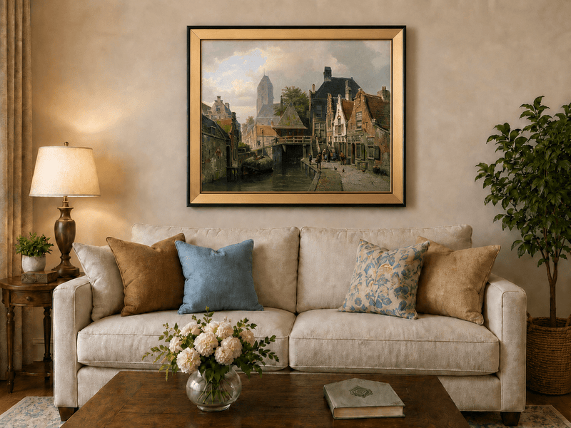 Pintura al óleo de paisaje - Pueblo holandés junto al canal con edificios históricos