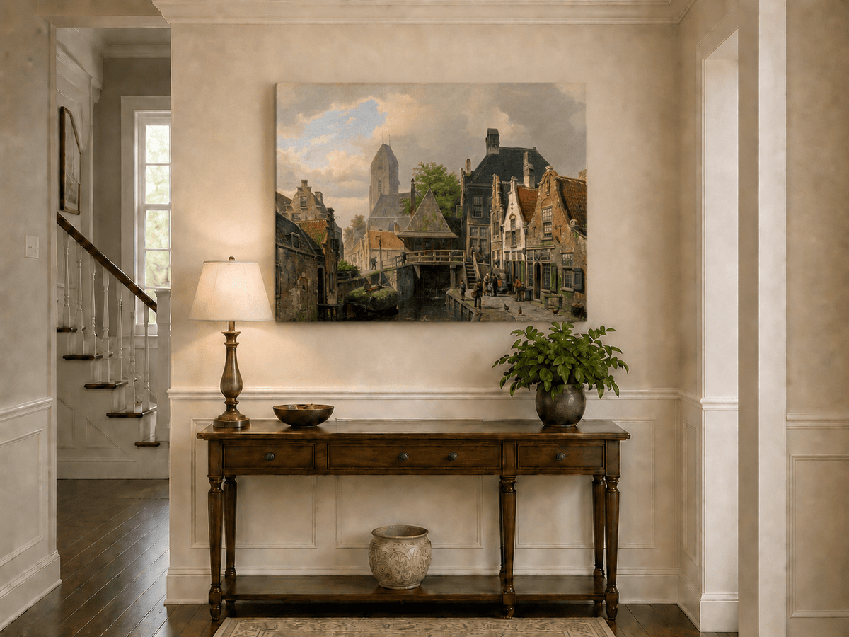 Pintura al óleo de paisaje - Pueblo holandés junto al canal con edificios históricos
