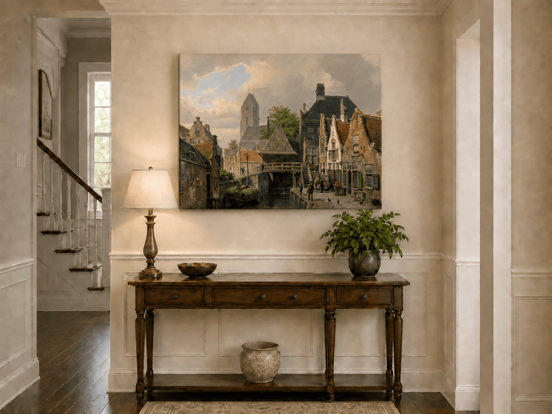 Pintura al óleo de paisaje - Pueblo holandés junto al canal con edificios históricos