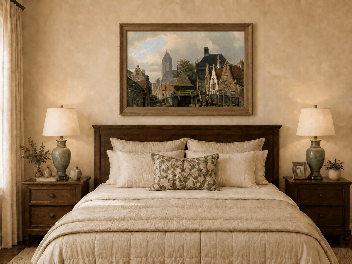 Pintura al óleo de paisaje - Pueblo holandés junto al canal con edificios históricos