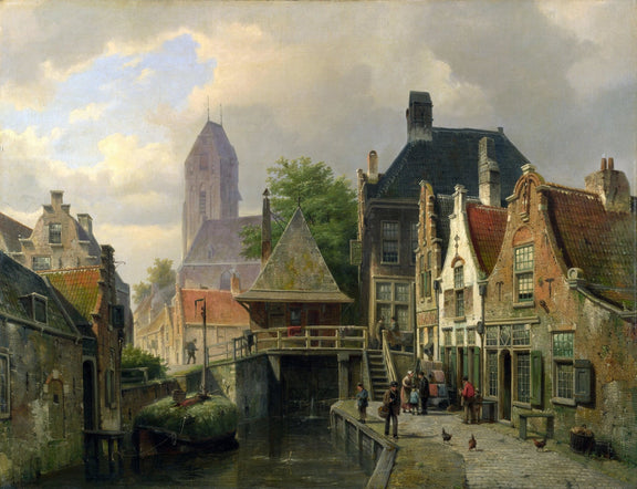 Landscape Oil Painting - Dutch Canal Town with Historic Buildings - Oil Painting Haven