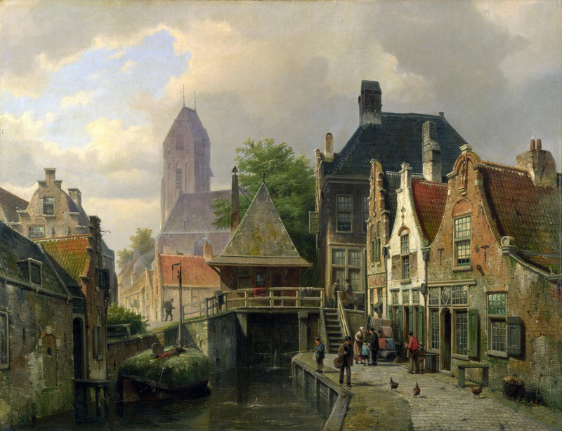Landscape Oil Painting - Dutch Canal Town with Historic Buildings - Oil Painting Haven
