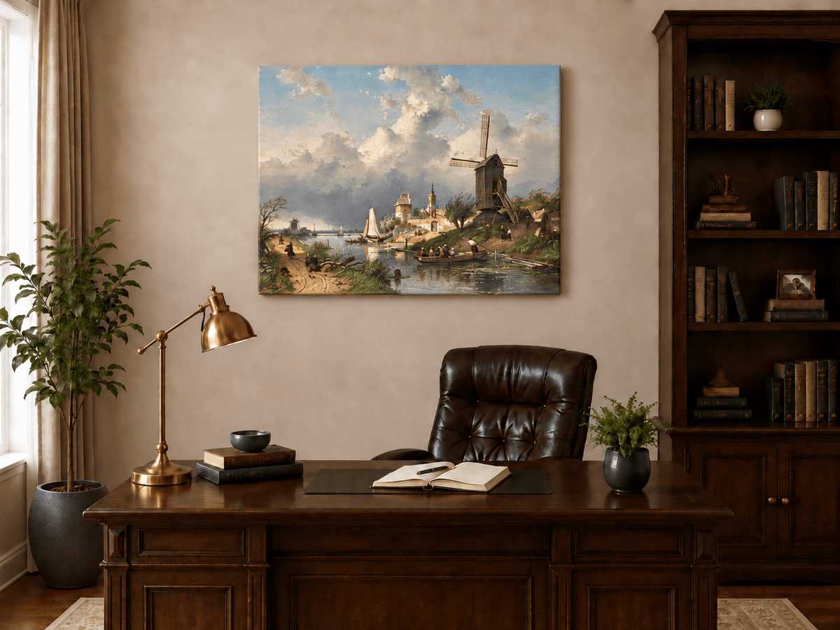 Landscape Oil Painting - Dutch Canal with Windmill and Sailboats