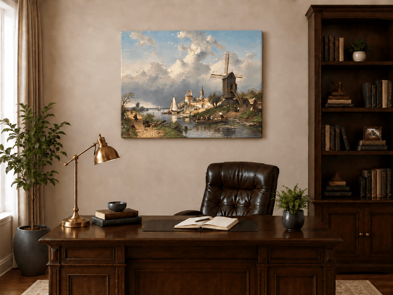 Landscape Oil Painting - Dutch Canal with Windmill and Sailboats
