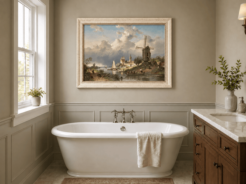 Landscape Oil Painting - Dutch Canal with Windmill and Sailboats