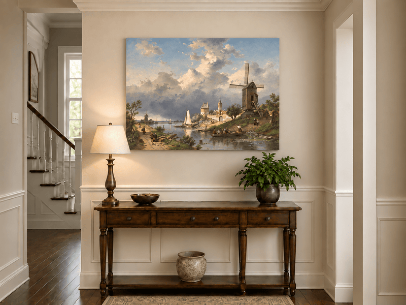 Landscape Oil Painting - Dutch Canal with Windmill and Sailboats