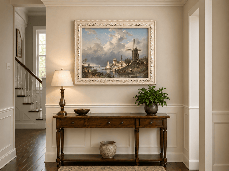 Landscape Oil Painting - Dutch Canal with Windmill and Sailboats