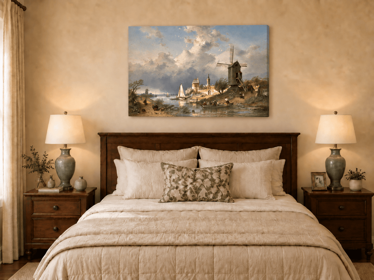 Landscape Oil Painting - Dutch Canal with Windmill and Sailboats
