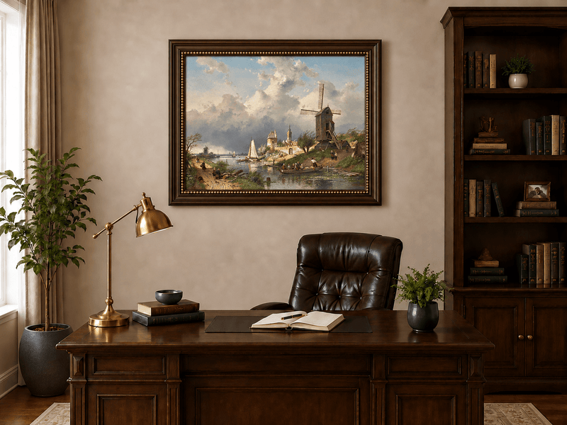 Landscape Oil Painting - Dutch Canal with Windmill and Sailboats