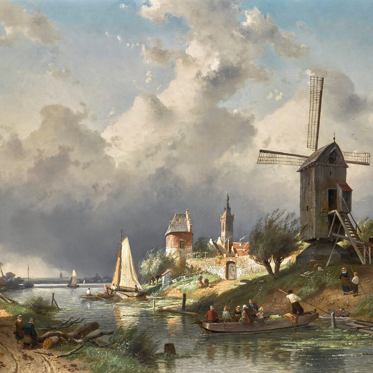 Hand-painted dutch canal with windmill and sailboats landscape oil painting on canvas