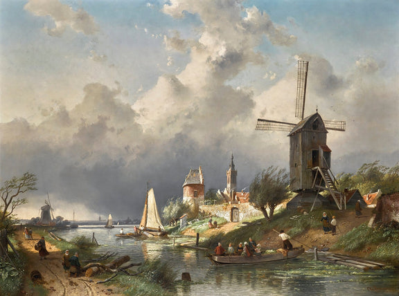 Hand-painted dutch canal with windmill and sailboats landscape oil painting on canvas