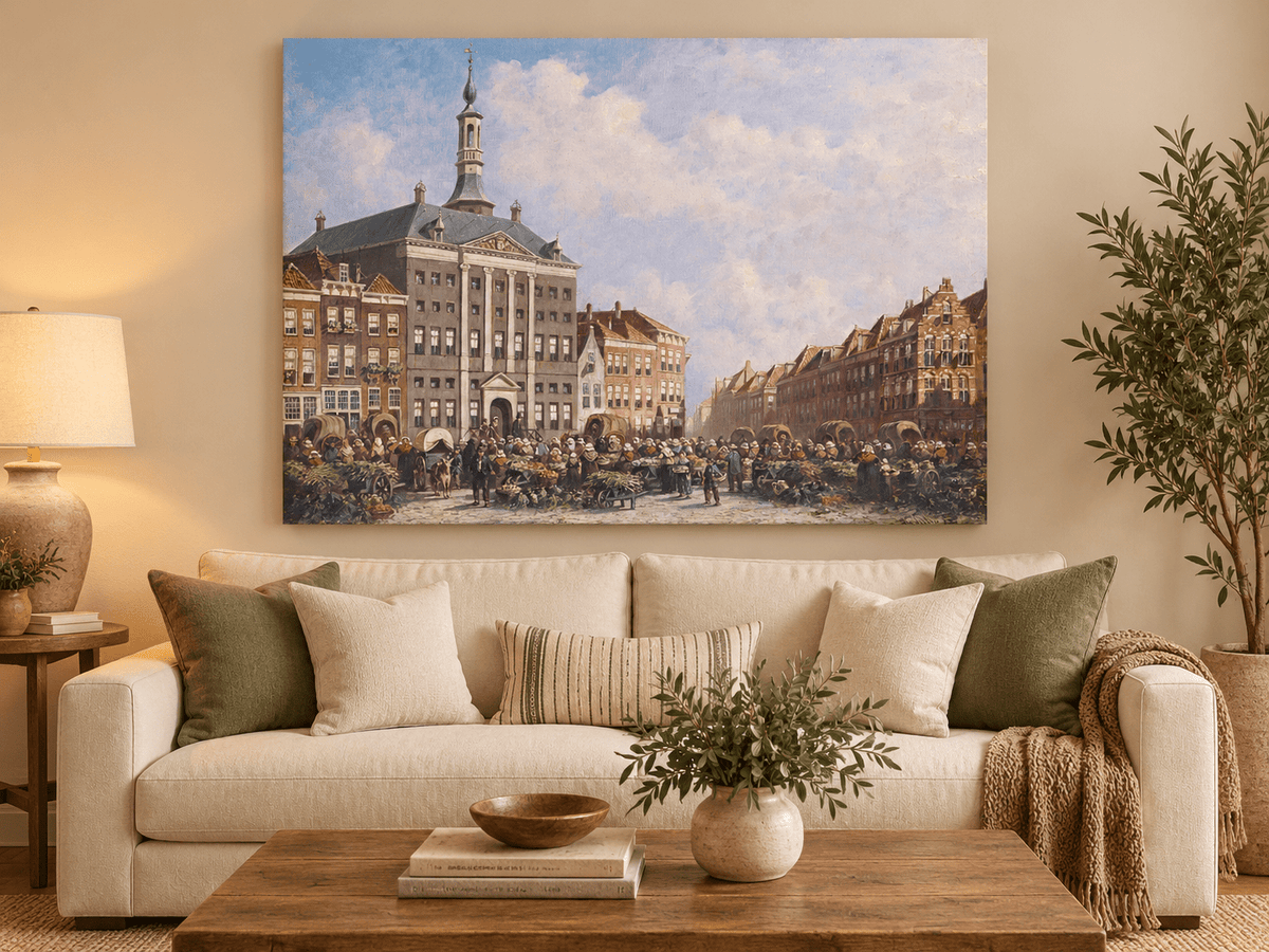 Landscape Oil Painting - Dutch City Square Marke