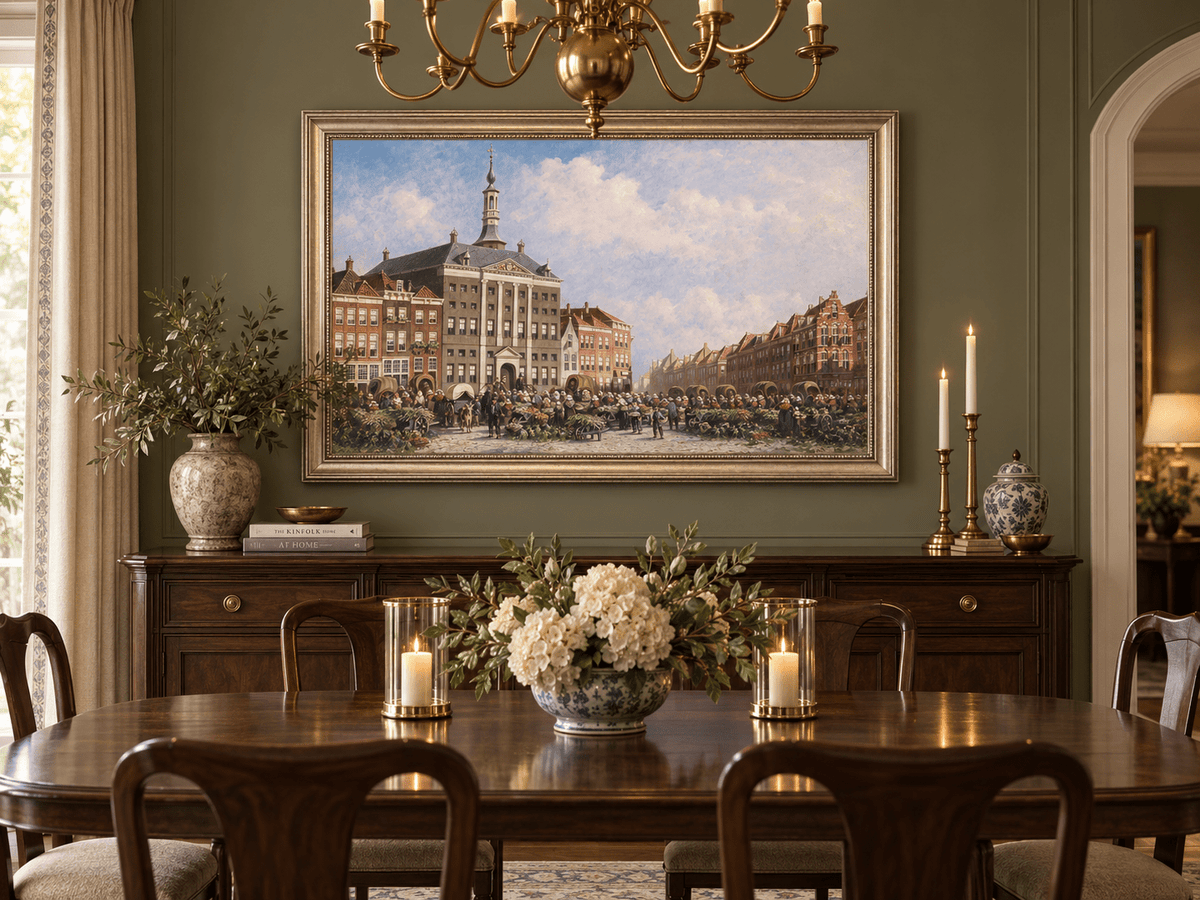 Landscape Oil Painting - Dutch City Square Marke