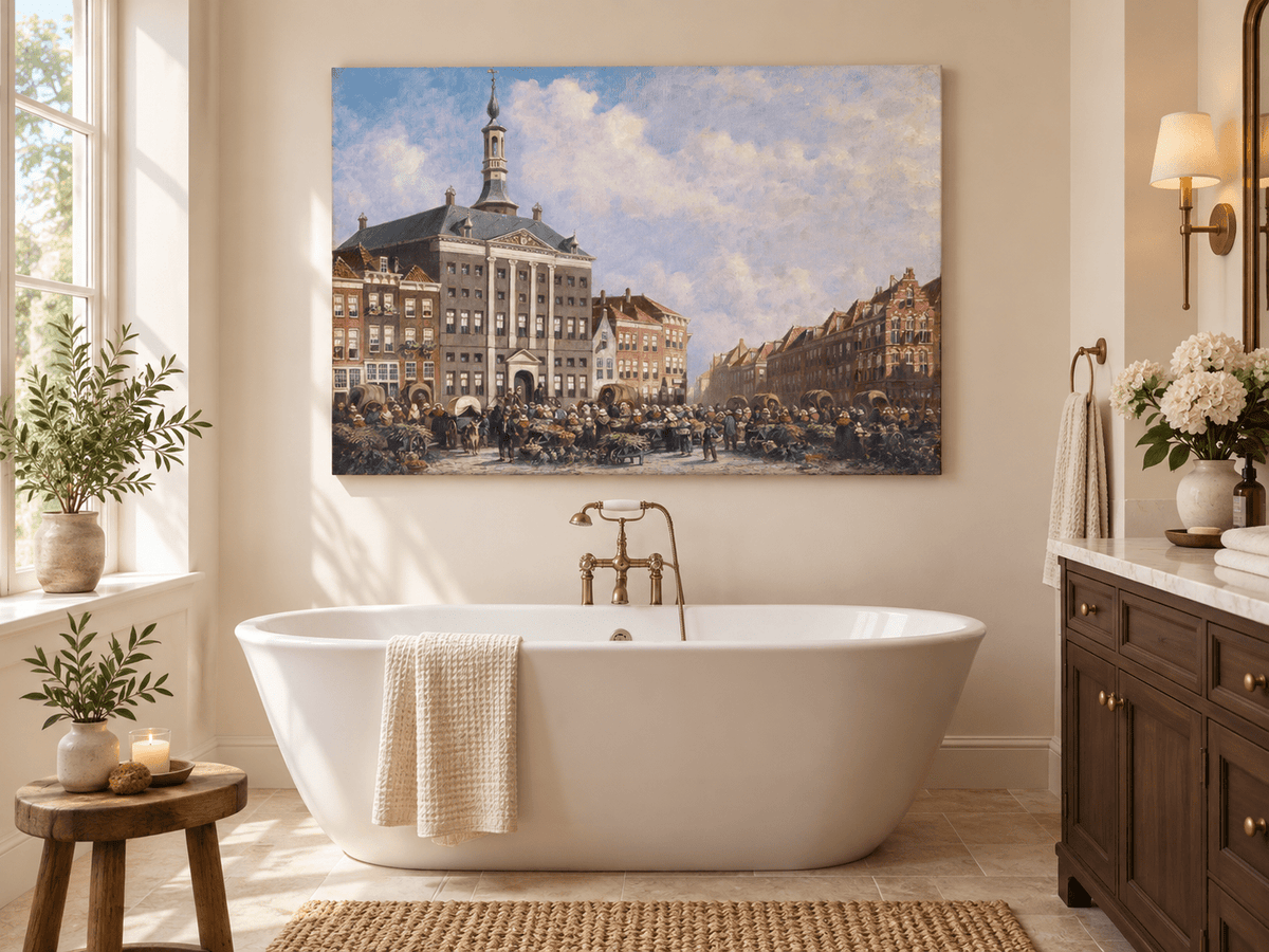 Landscape Oil Painting - Dutch City Square Marke