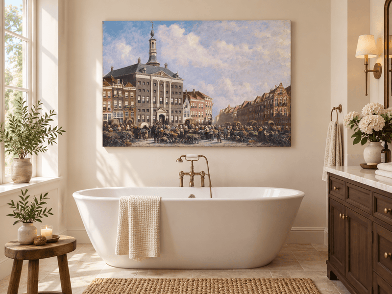 Landscape Oil Painting - Dutch City Square Marke
