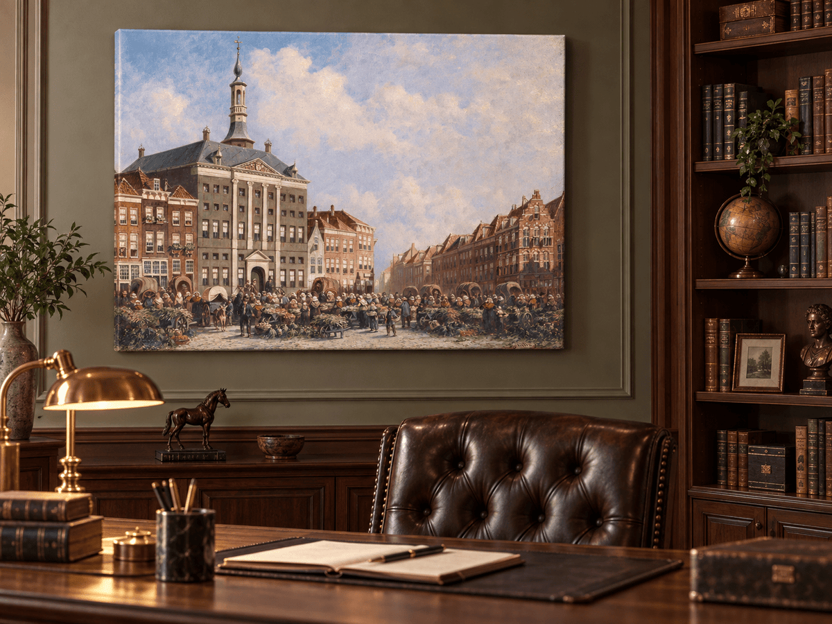 Landscape Oil Painting - Dutch City Square Marke