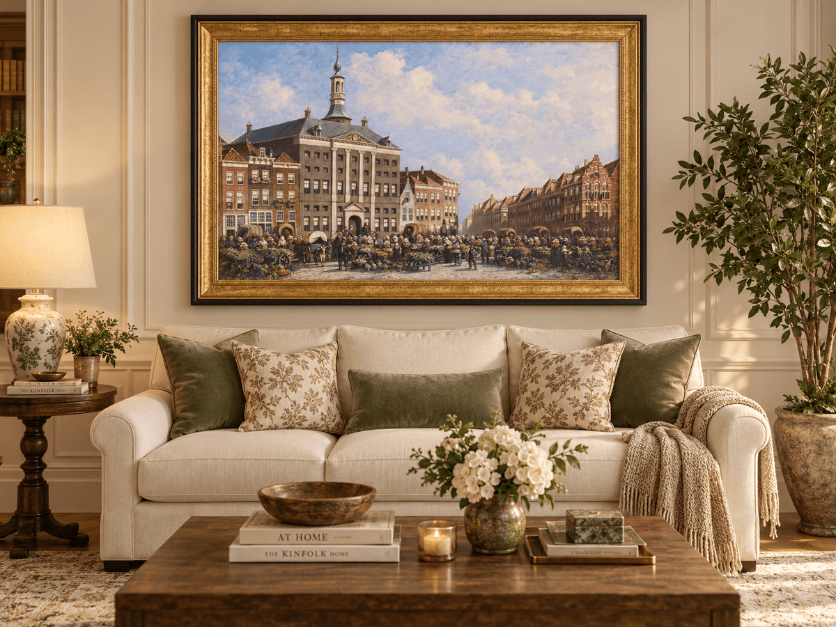 Landscape Oil Painting - Dutch City Square Marke