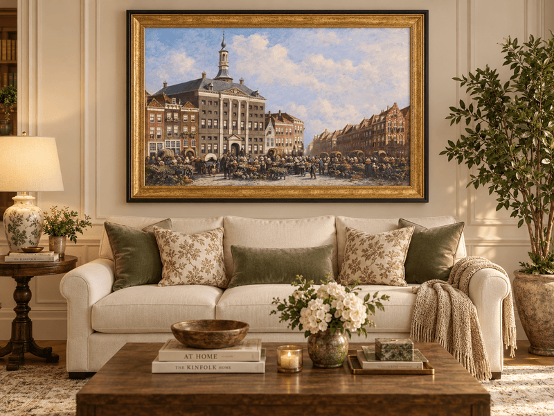 Landscape Oil Painting - Dutch City Square Marke