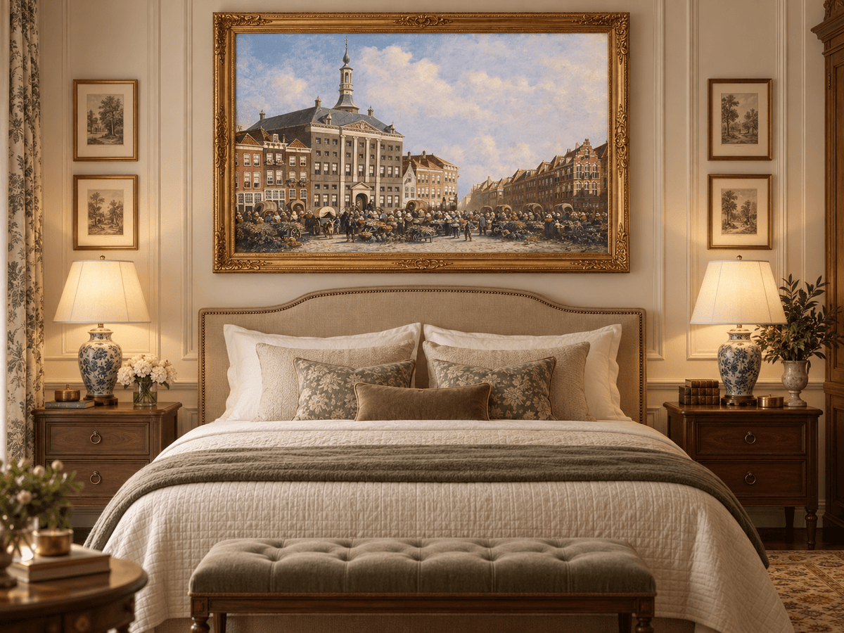 Landscape Oil Painting - Dutch City Square Marke