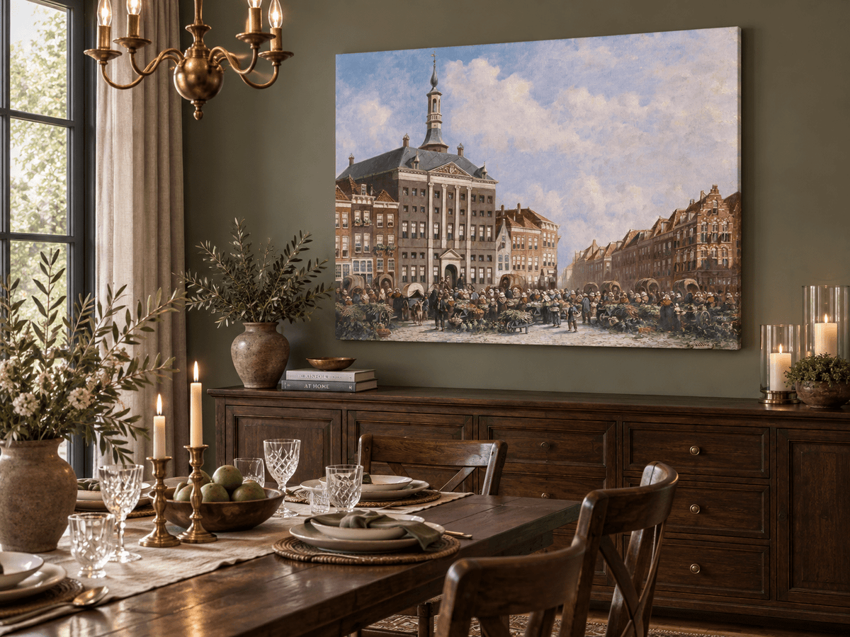 Landscape Oil Painting - Dutch City Square Marke