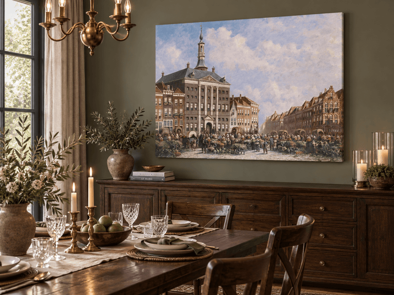 Landscape Oil Painting - Dutch City Square Marke