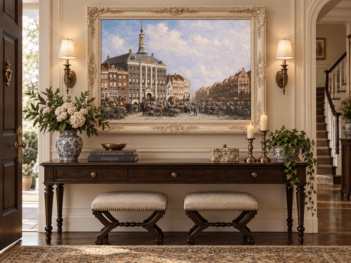 Landscape Oil Painting - Dutch City Square Marke