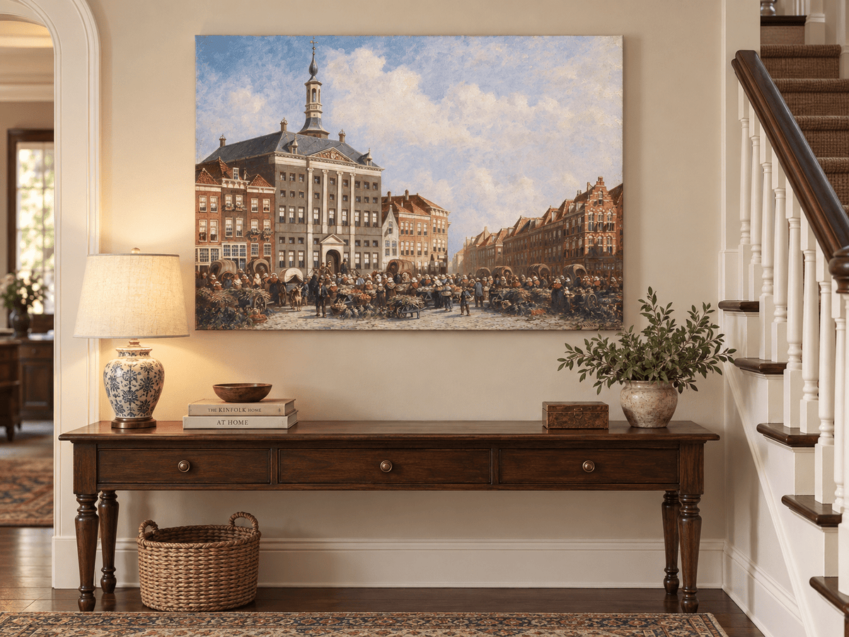 Landscape Oil Painting - Dutch City Square Marke