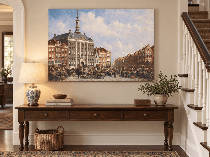 Landscape Oil Painting - Dutch City Square Marke