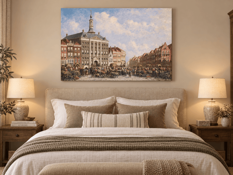 Landscape Oil Painting - Dutch City Square Marke