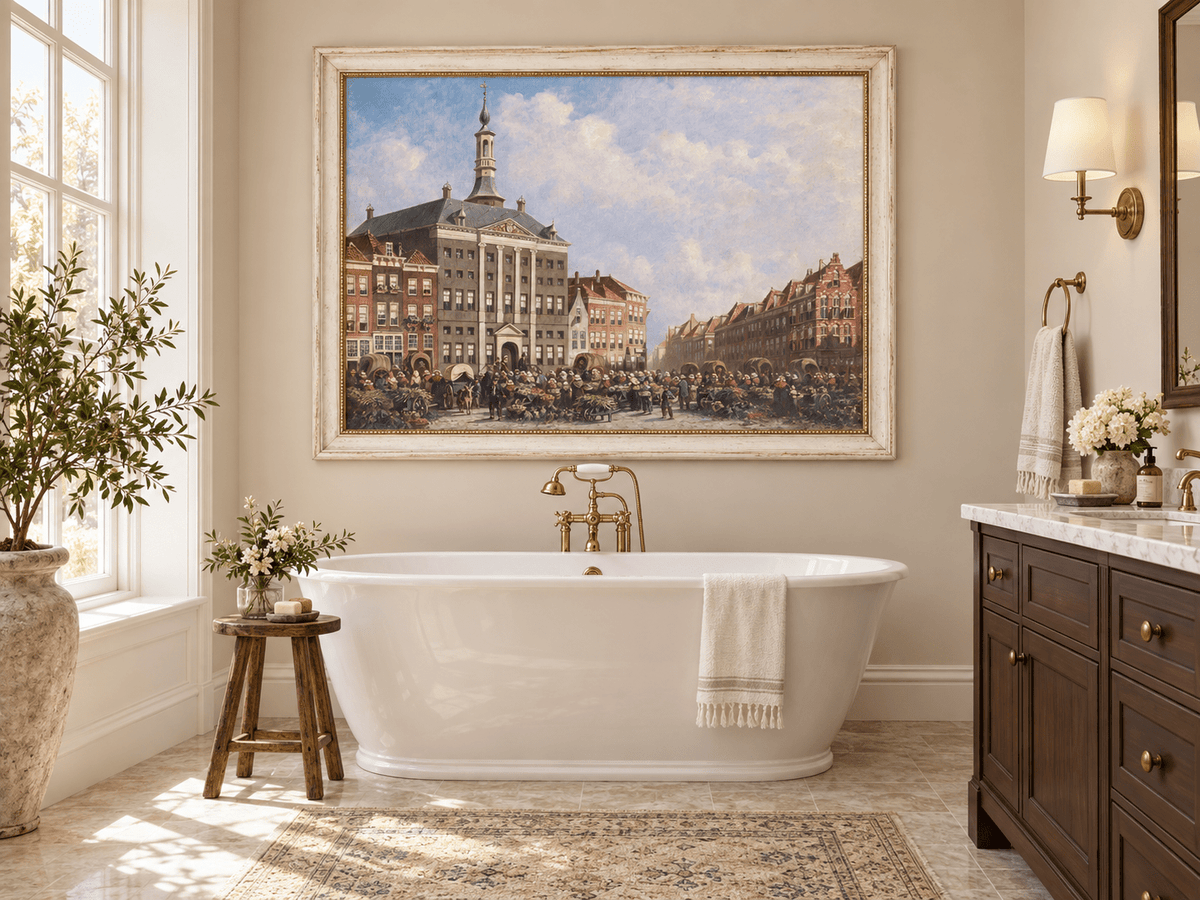 Landscape Oil Painting - Dutch City Square Marke