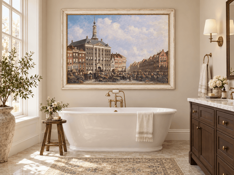 Landscape Oil Painting - Dutch City Square Marke