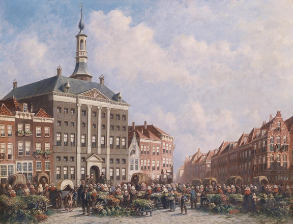 Landscape Oil Painting - Dutch City Square Marke, Ornate Spired Building - Oil Painting Haven
