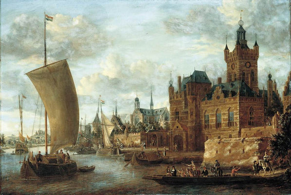Landscape Oil Painting - Dutch Harbor Castle and Sailboats Scene - Oil Painting Haven