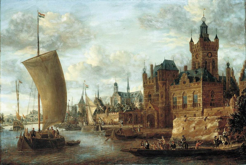 Landscape Oil Painting - Dutch Harbor Castle and Sailboats Scene - Oil Painting Haven
