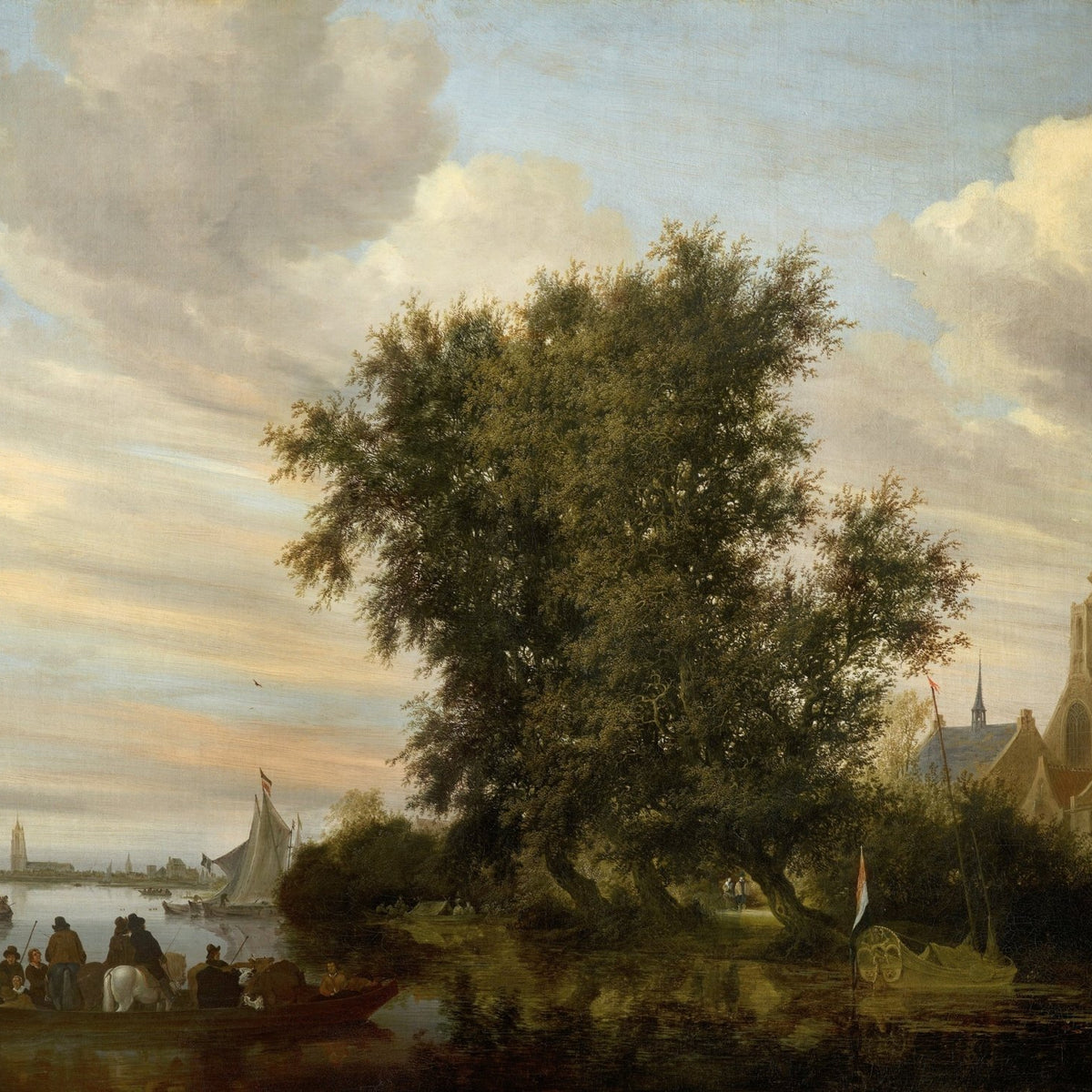 Hand-painted dutch riverside village at dusk landscape oil painting on canvas